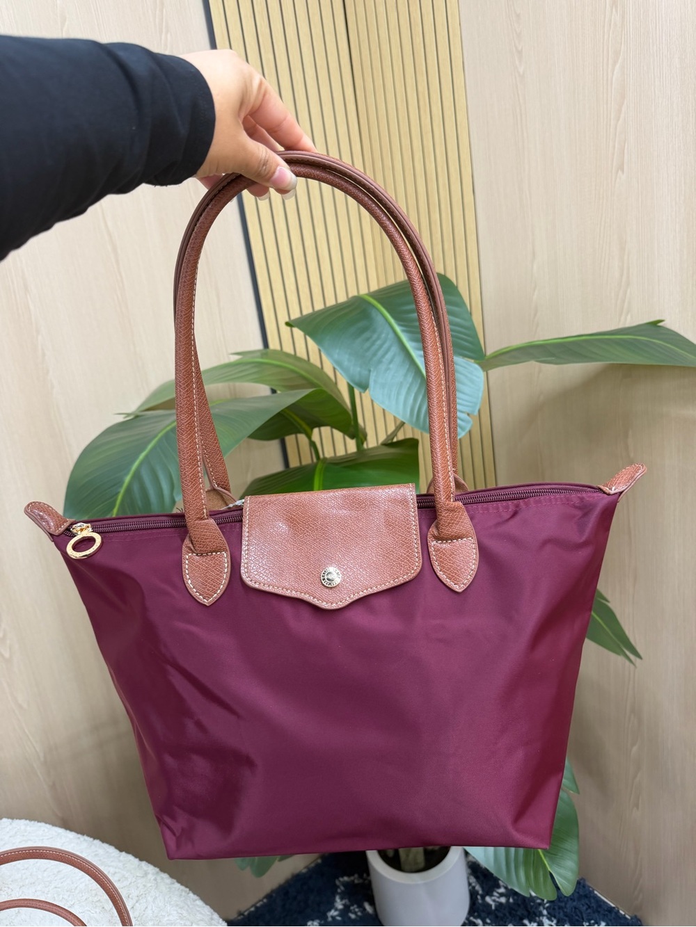 Large Tote Bag in Burgundy with Brown vegan Leather Trim